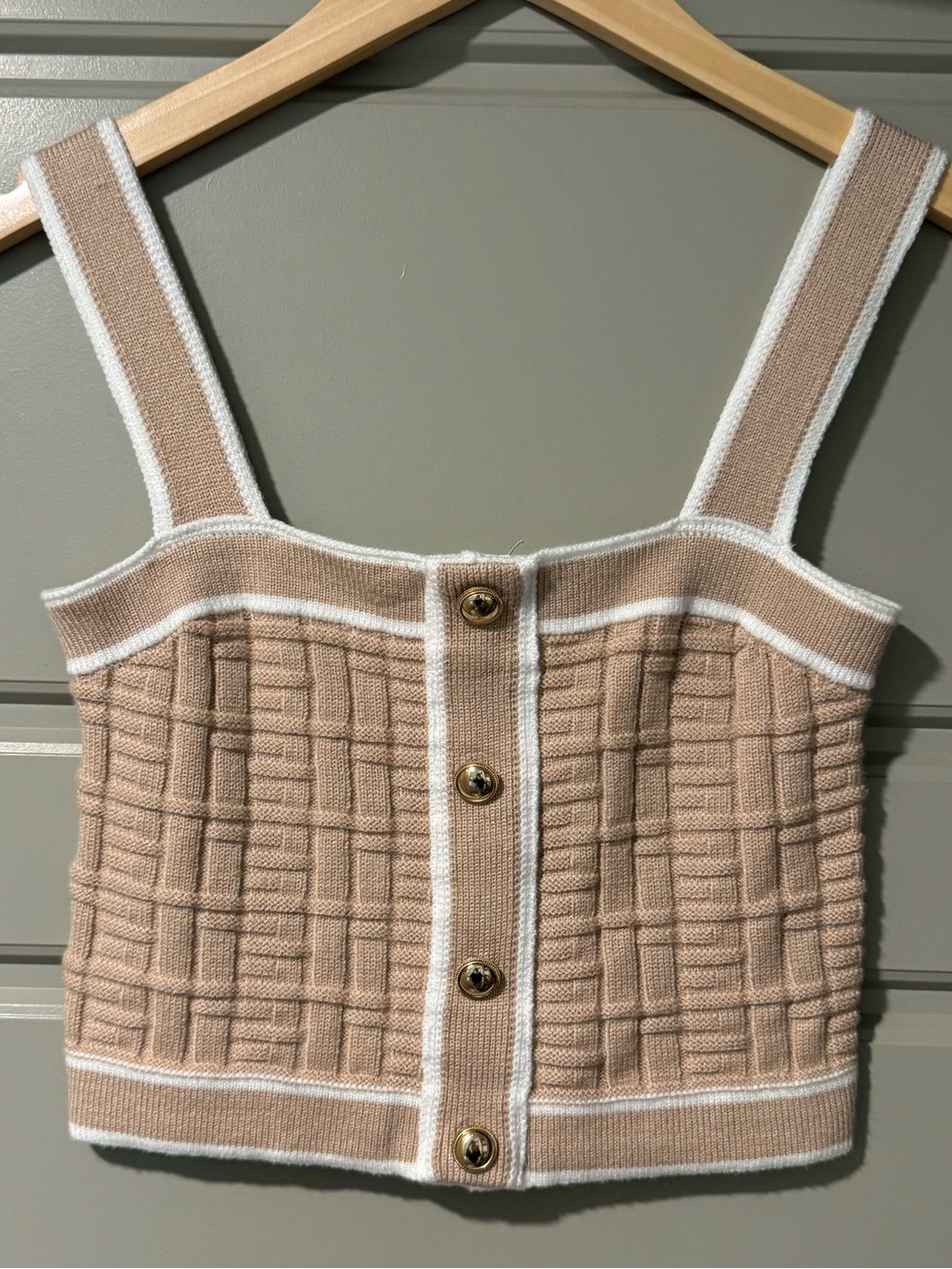 Beige Knit Button-Front Tank Top with White Trim